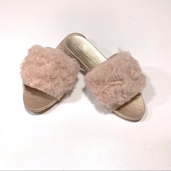Loeffler Randall Domino Slides Metallic Rose Gold Faux Fur Mob Wife Chic 5 - Picture 2 of 15